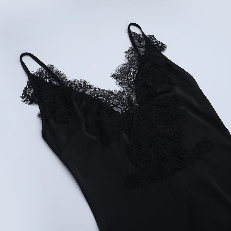 Lace hem v neck slit irregular cami maxi dress  | Festival Outfits Women