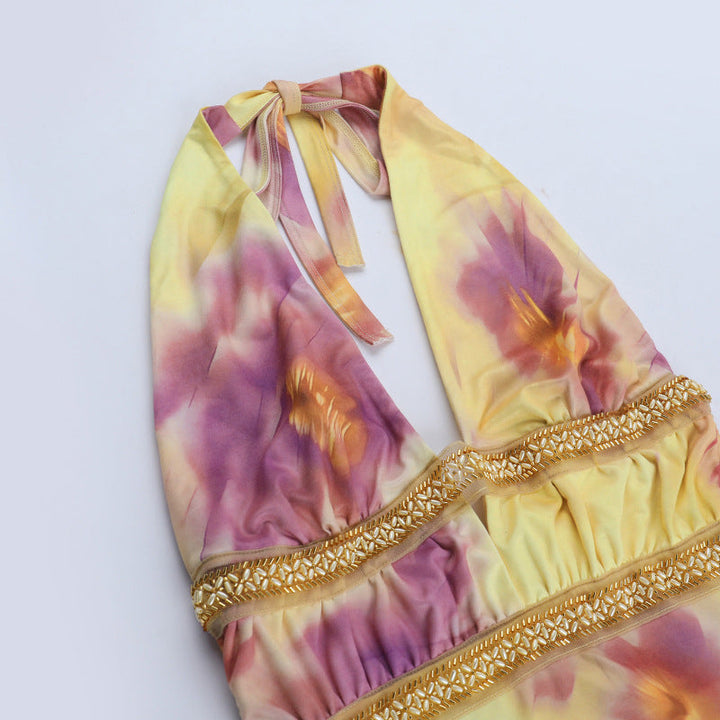 Halter self tie print deep v neck mini dress  | Festival Outfits Women