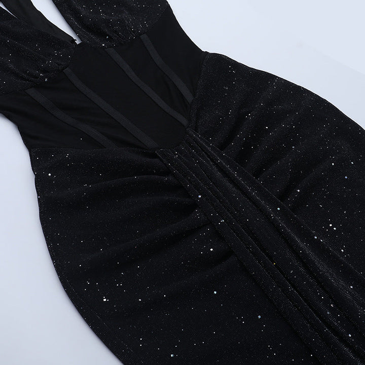 Ruched v neck halter self tie backless maxi dress  | Festival Outfits Women