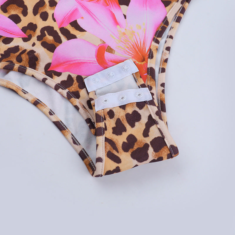 Leopard print v neck self tie halter button bodysuit  | Festival Outfits Women