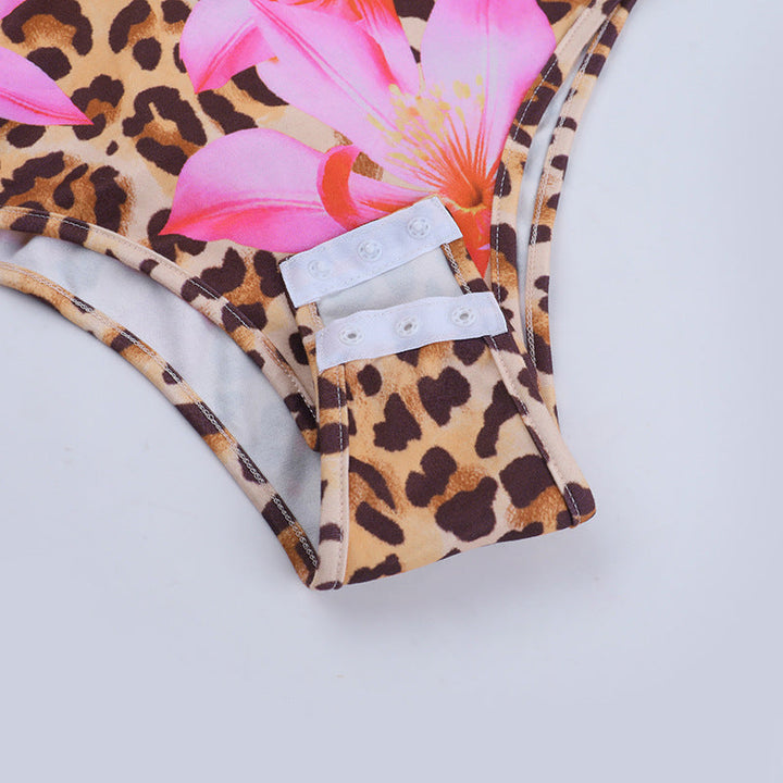 Leopard print v neck self tie halter button bodysuit  | Festival Outfits Women