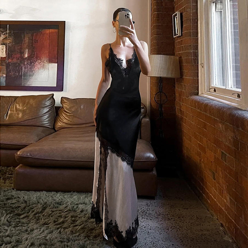 Lace hem v neck slit irregular cami maxi dress  | Festival Outfits Women