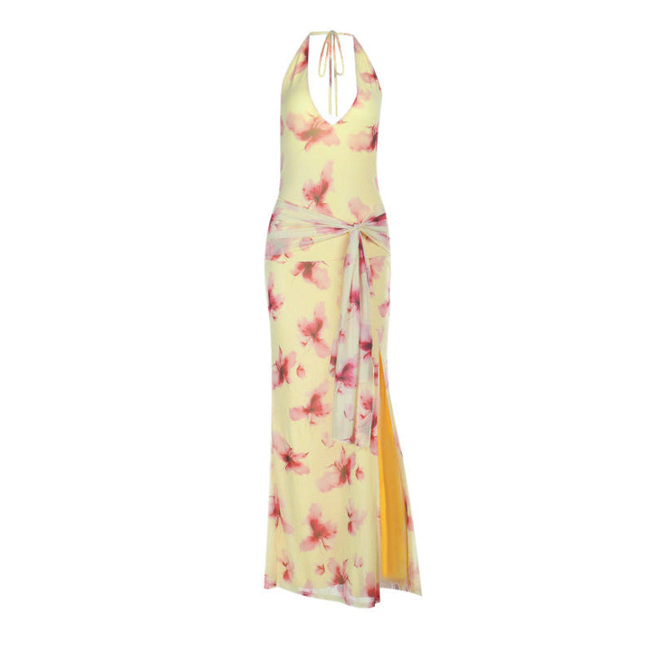 Slit flower print v neck halter self tie maxi dress  | Festival Outfits Women