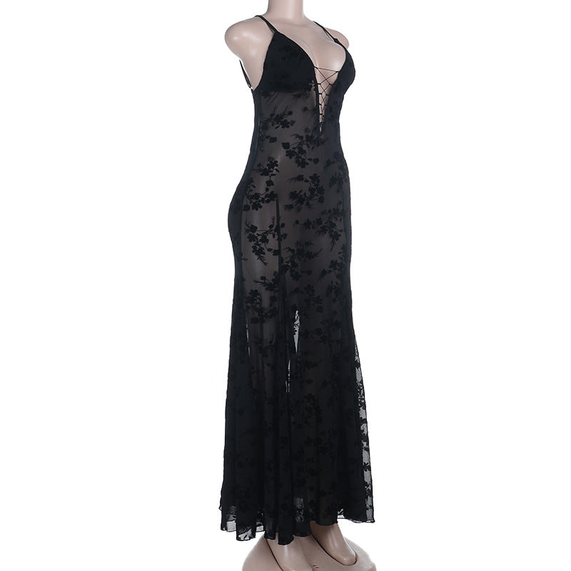 Hollow out see through v neck cami cut out maxi dress  | Festival Outfits Women