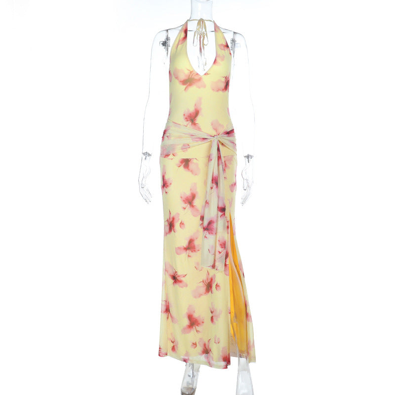 Slit flower print v neck halter self tie maxi dress  | Festival Outfits Women