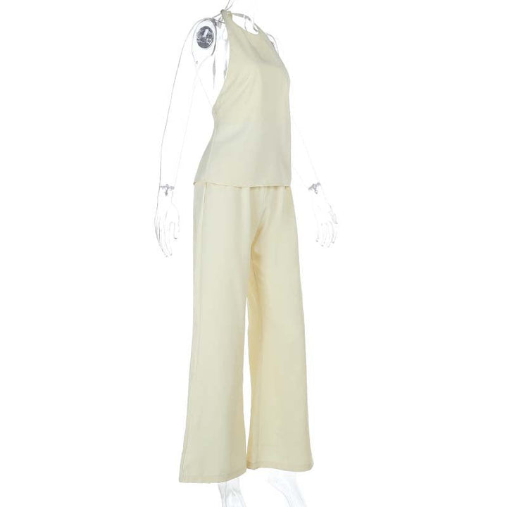 Crewneck self tie halter backless solid pant set  | Festival Outfits Women