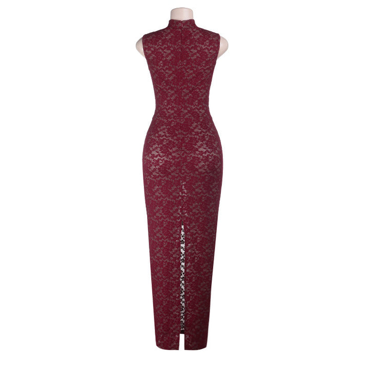 Hollow out lace zip-up slit sleeveless cut out maxi dress  | Festival Outfits Women