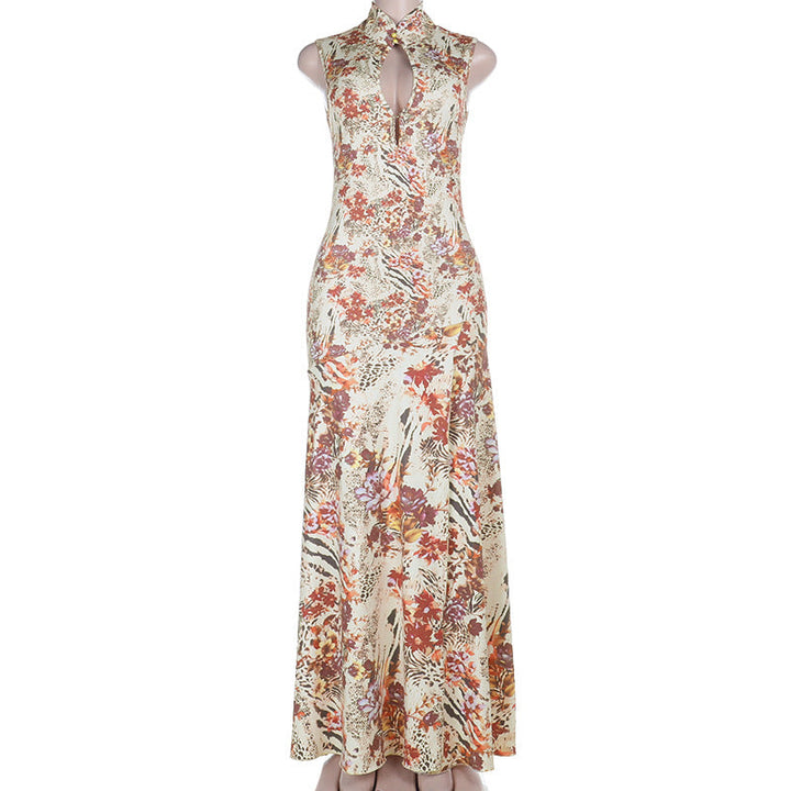 Slit hollow out print sleeveless cut out maxi dress  | Festival Outfits Women