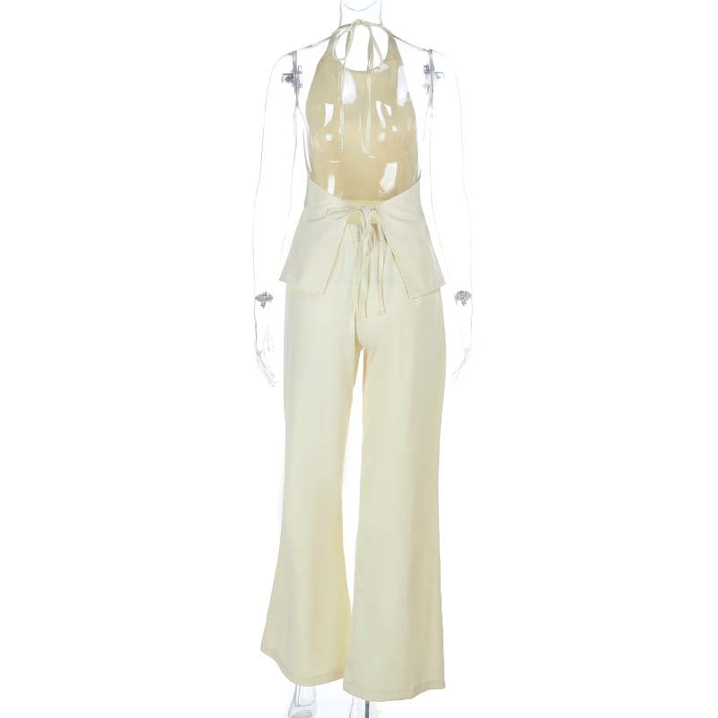 Crewneck self tie halter backless solid pant set  | Festival Outfits Women