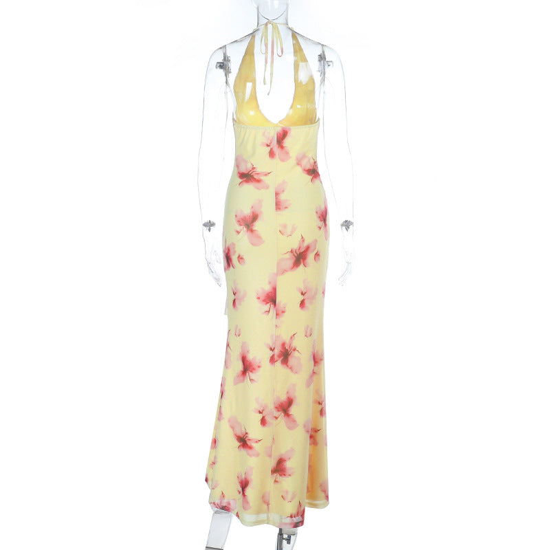 Slit flower print v neck halter self tie maxi dress  | Festival Outfits Women