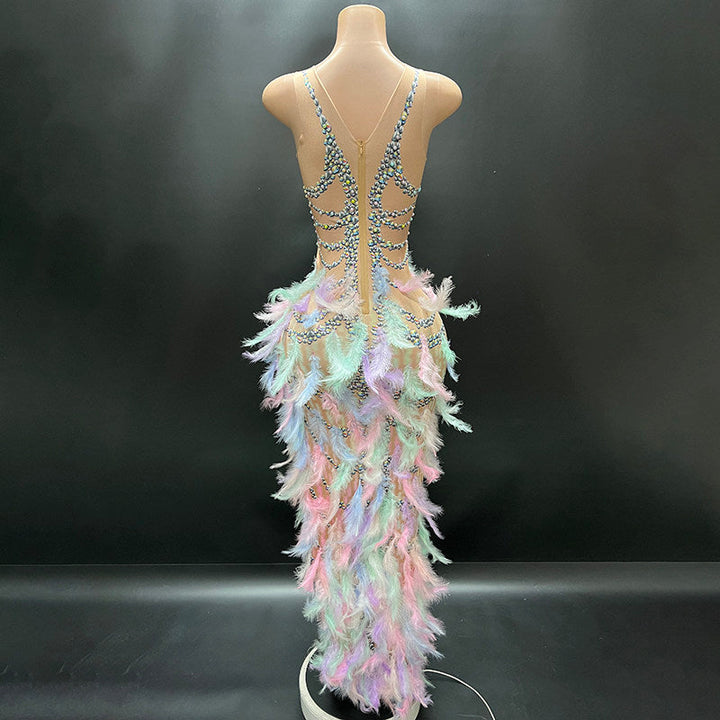 Feather irregular round neck zip-up print midi dress  | Festival Outfits Women