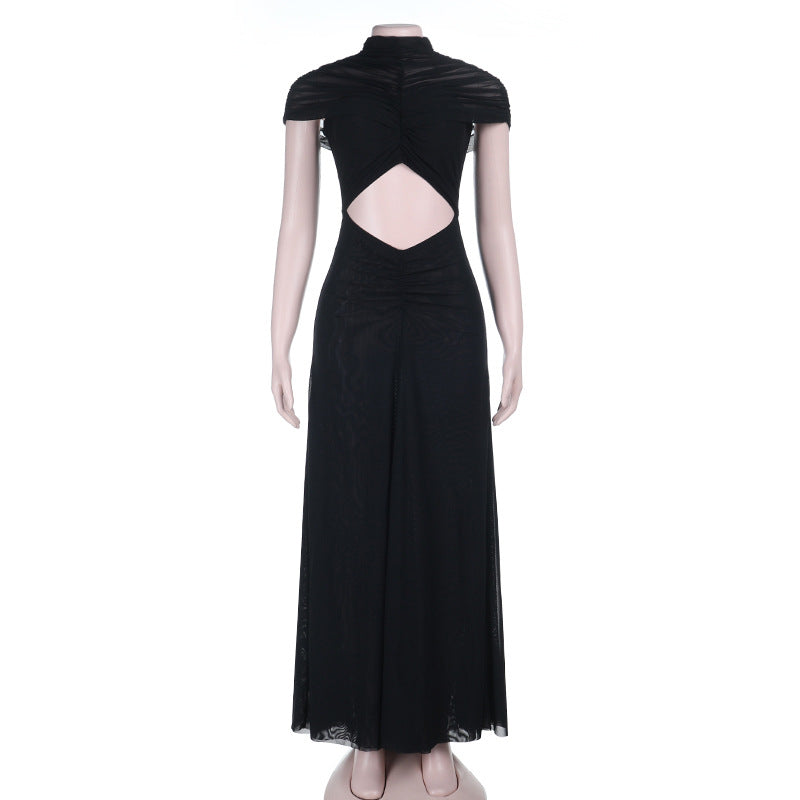 High neck hollow out ruched mesh cut out maxi dress  | Festival Outfits Women