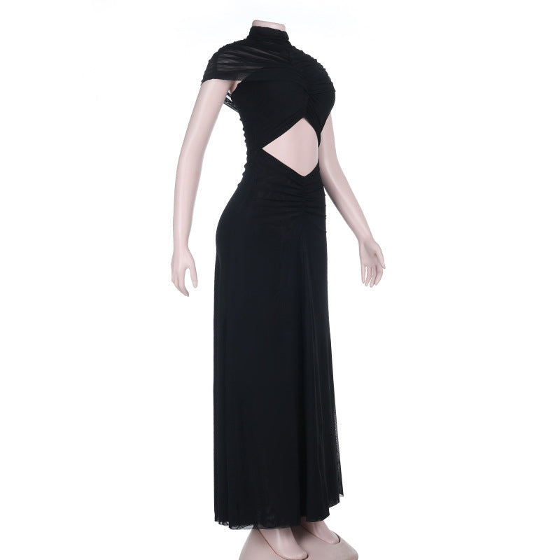 High neck hollow out ruched mesh cut out maxi dress  | Festival Outfits Women