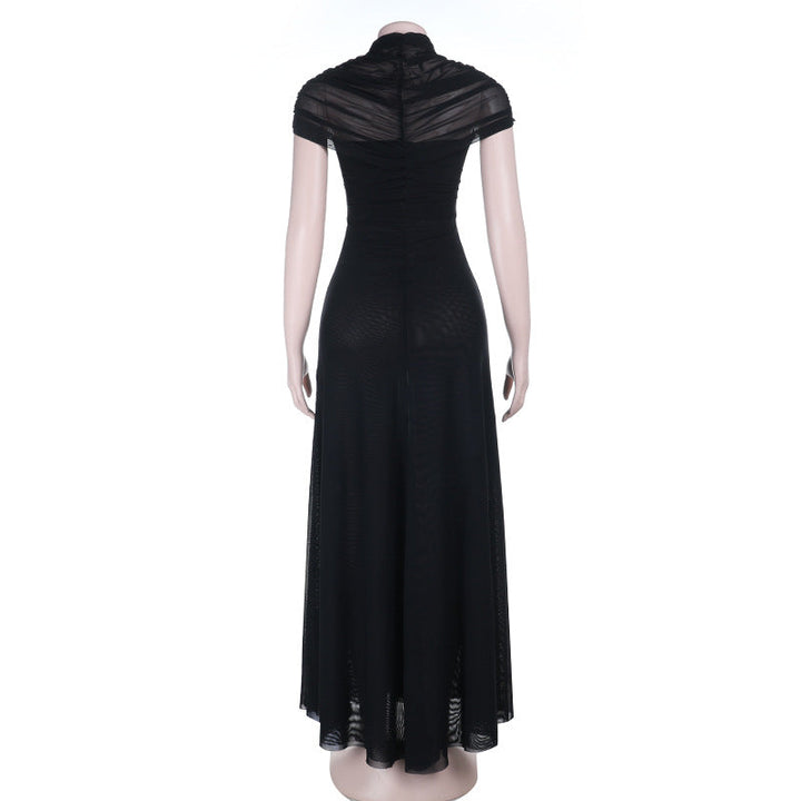 High neck hollow out ruched mesh cut out maxi dress  | Festival Outfits Women