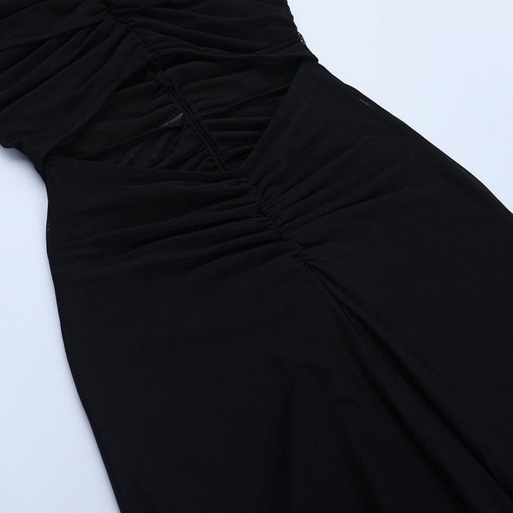 High neck hollow out ruched mesh cut out maxi dress  | Festival Outfits Women