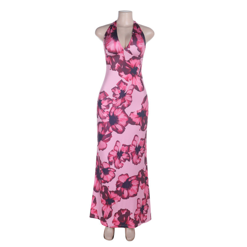 Halter self tie flower print v neck maxi dress  | Festival Outfits Women