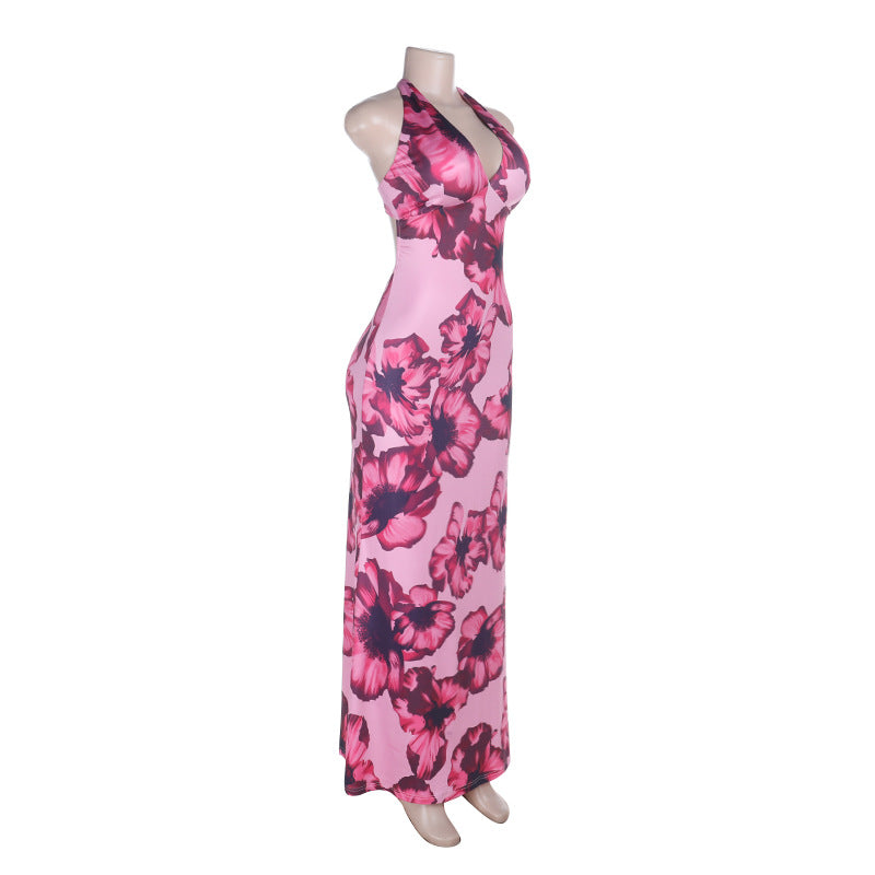 Halter self tie flower print v neck maxi dress  | Festival Outfits Women