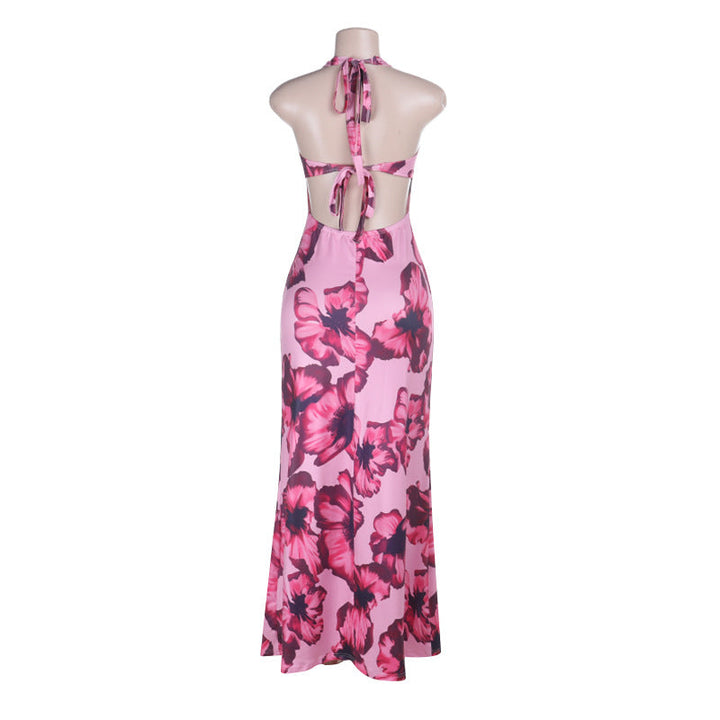 Halter self tie flower print v neck maxi dress  | Festival Outfits Women