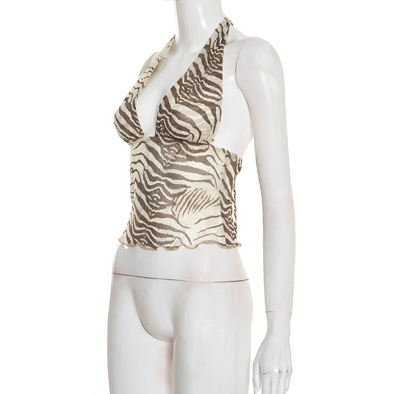 Halter self tie print v neck backless top  | Festival Outfits Women