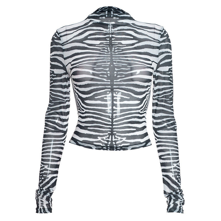 Zebra print long sleeve crewneck sheer mesh top  | Festival Outfits Women