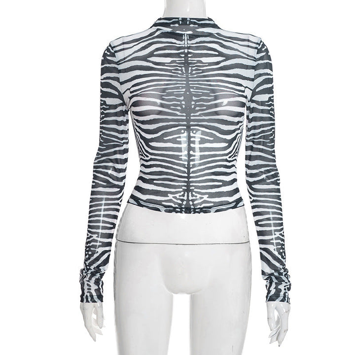 Zebra print long sleeve crewneck sheer mesh top  | Festival Outfits Women