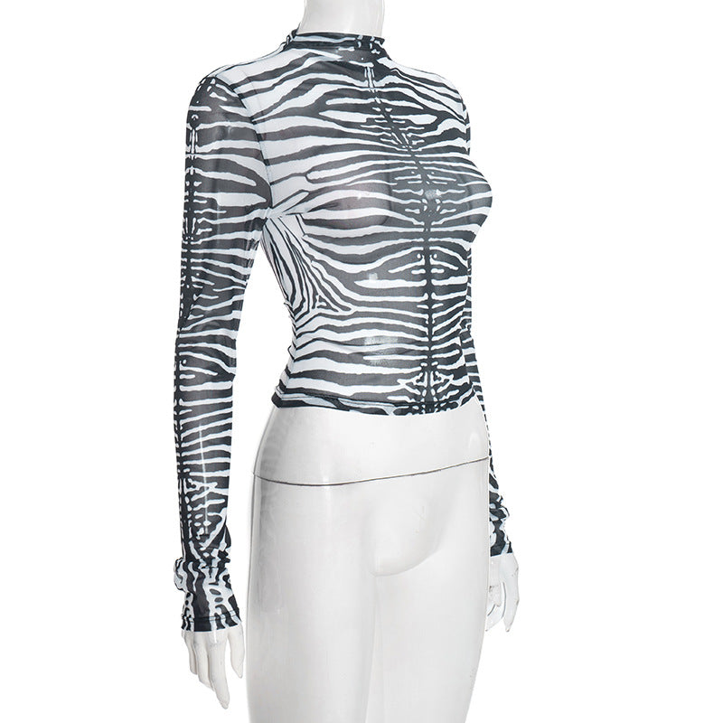 Zebra print long sleeve crewneck sheer mesh top  | Festival Outfits Women