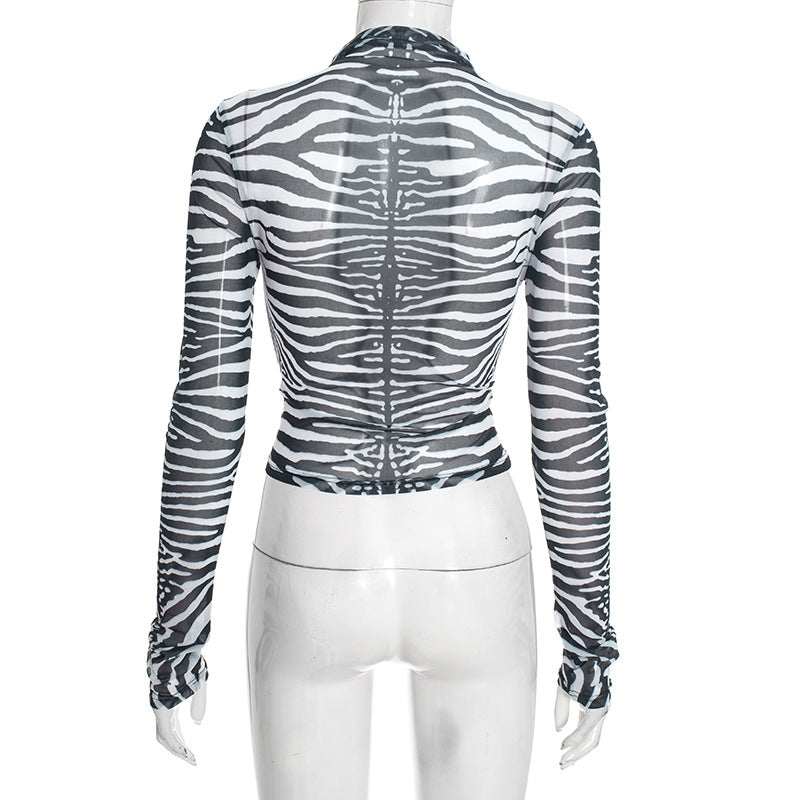 Zebra print long sleeve crewneck sheer mesh top  | Festival Outfits Women