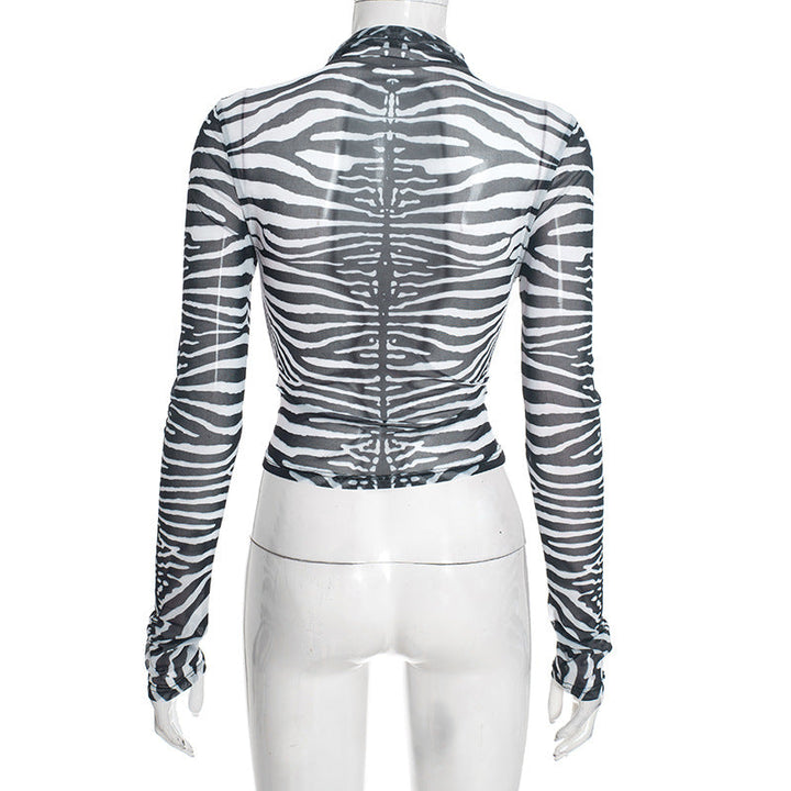 Zebra print long sleeve crewneck sheer mesh top  | Festival Outfits Women