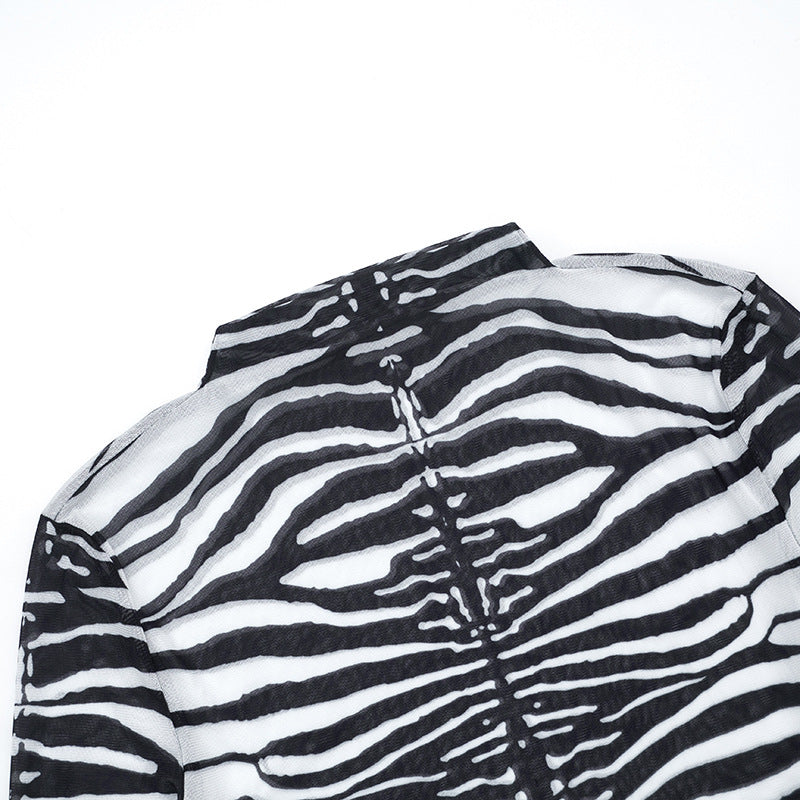 Zebra print long sleeve crewneck sheer mesh top  | Festival Outfits Women