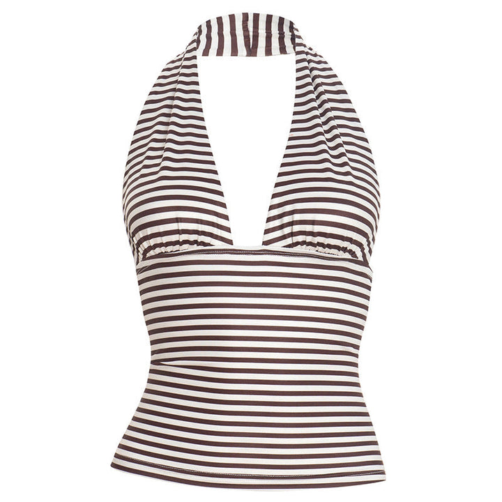 Halter self tie striped print backless v neck top  | Festival Outfits Women