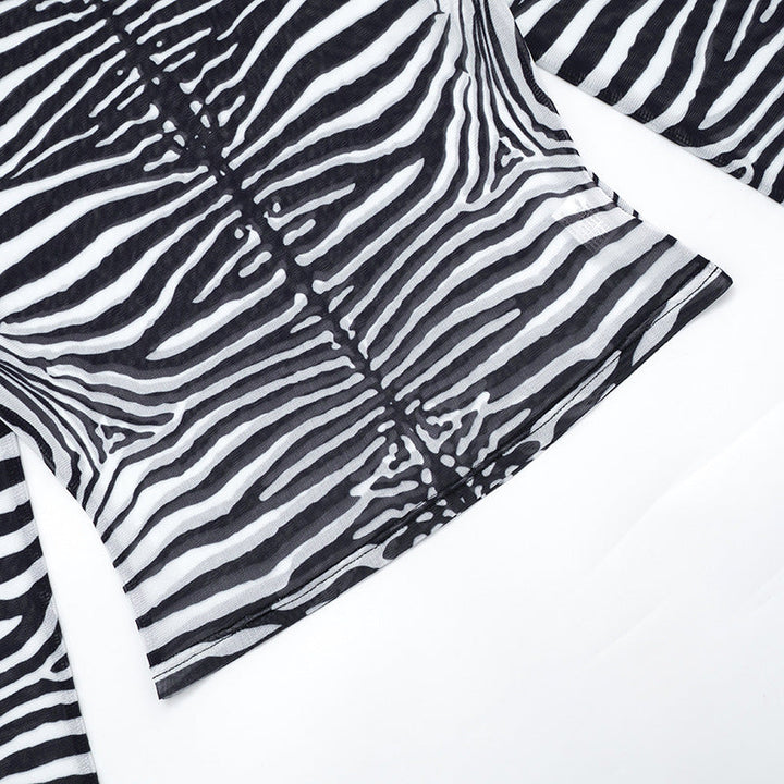 Zebra print long sleeve crewneck sheer mesh top  | Festival Outfits Women