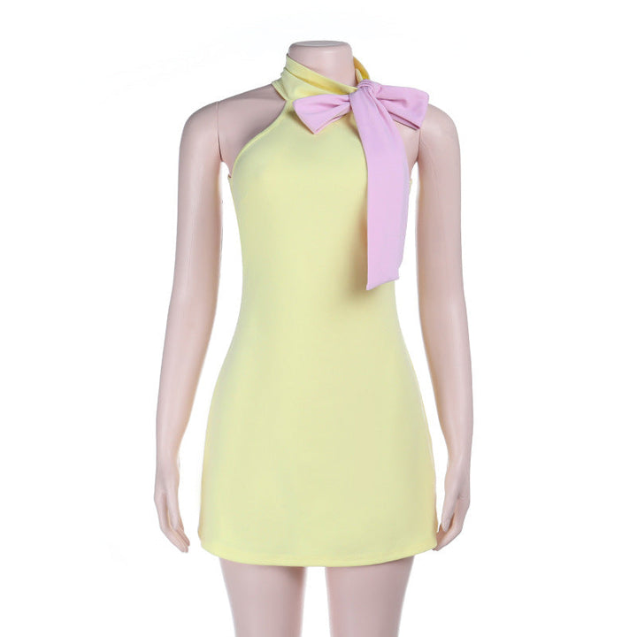 Bowknot self tie high neck backless mini dress  | Festival Outfits Women