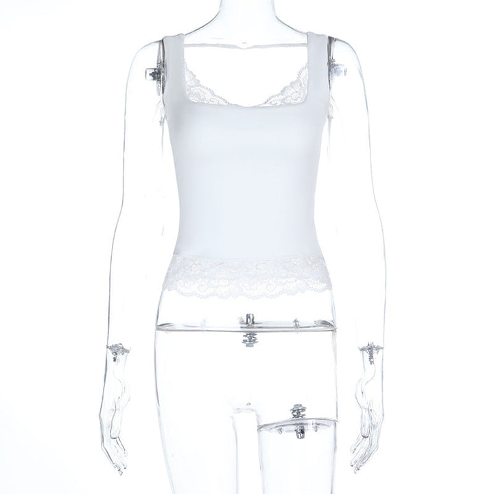 Lace hem v neck backless solid tank top  | Festival Outfits Women