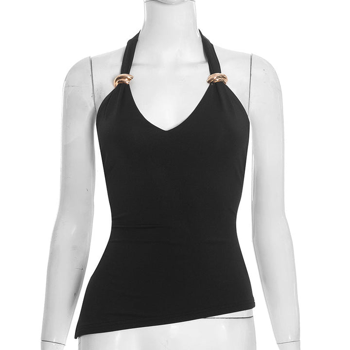 Irregular v neck self tie halter backless top  | Festival Outfits Women