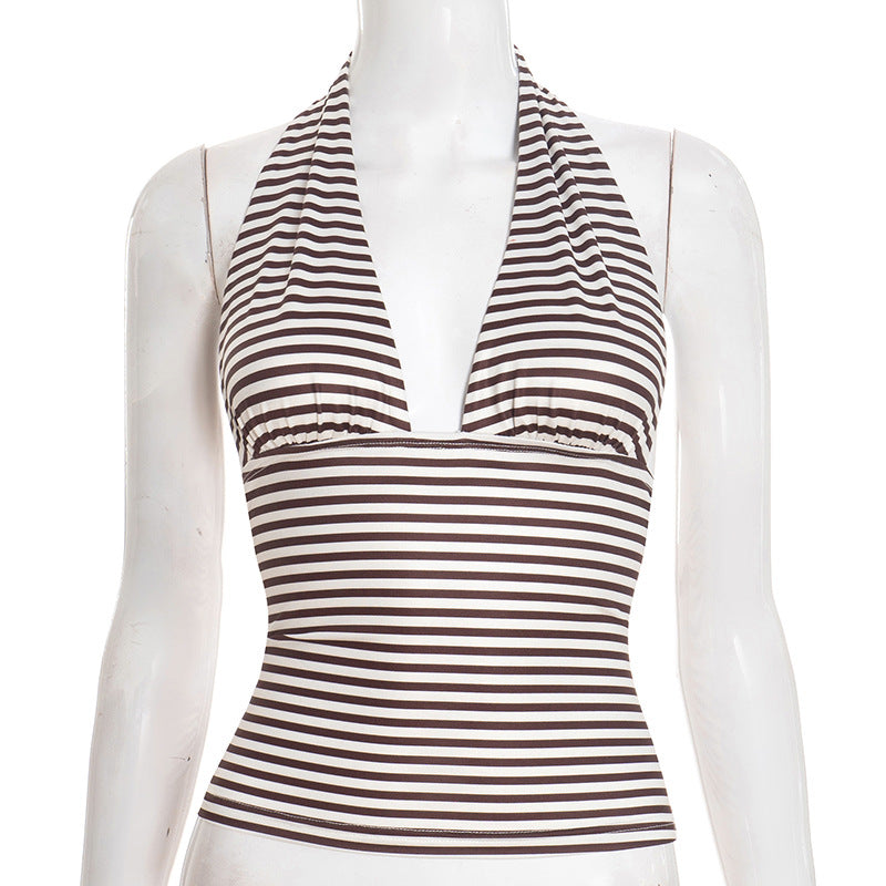 Halter self tie striped print backless v neck top  | Festival Outfits Women