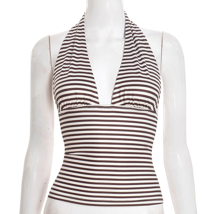 Halter self tie striped print backless v neck top  | Festival Outfits Women