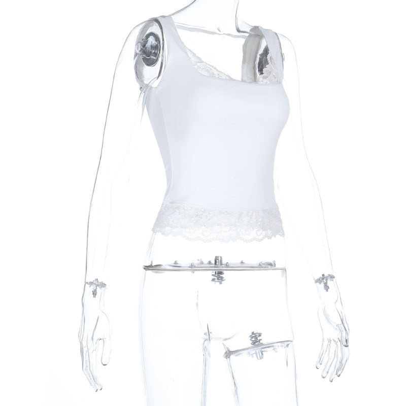 Lace hem v neck backless solid tank top  | Festival Outfits Women