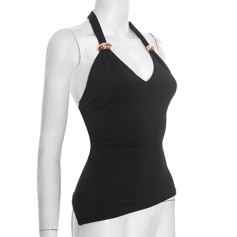 Irregular v neck self tie halter backless top  | Festival Outfits Women