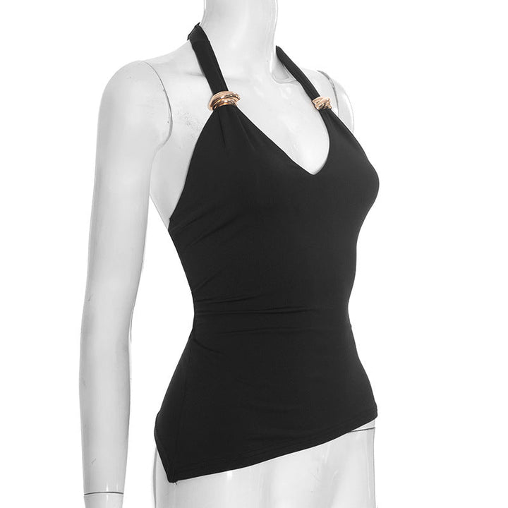 Irregular v neck self tie halter backless top  | Festival Outfits Women
