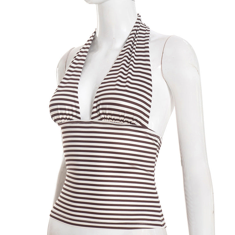 Halter self tie striped print backless v neck top  | Festival Outfits Women