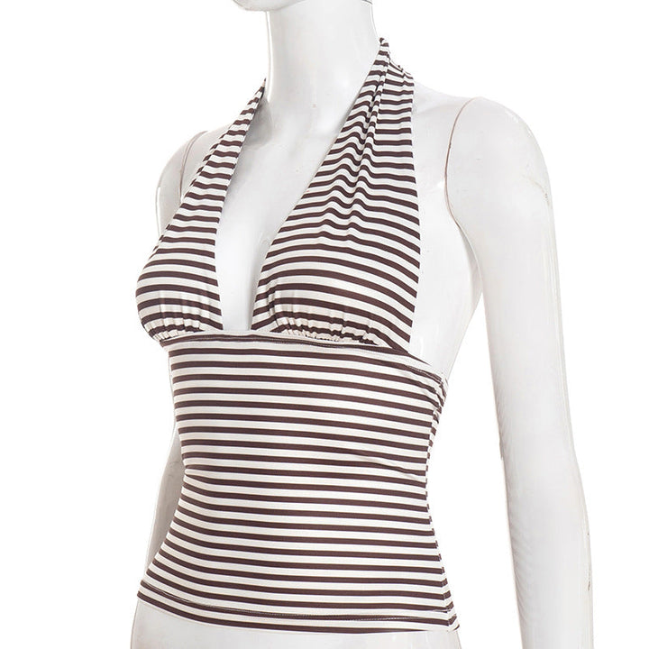 Halter self tie striped print backless v neck top  | Festival Outfits Women