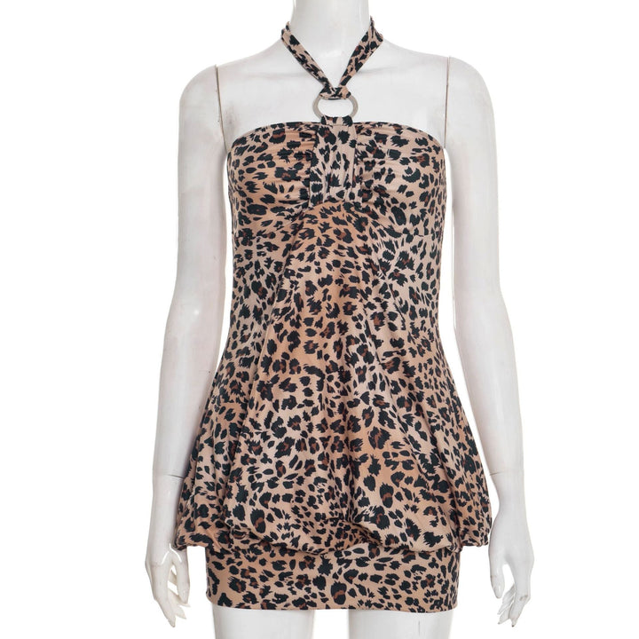 Leopard print halter self tie o ring mini dress  | Festival Outfits Women  | Leopard Print Mini Dress