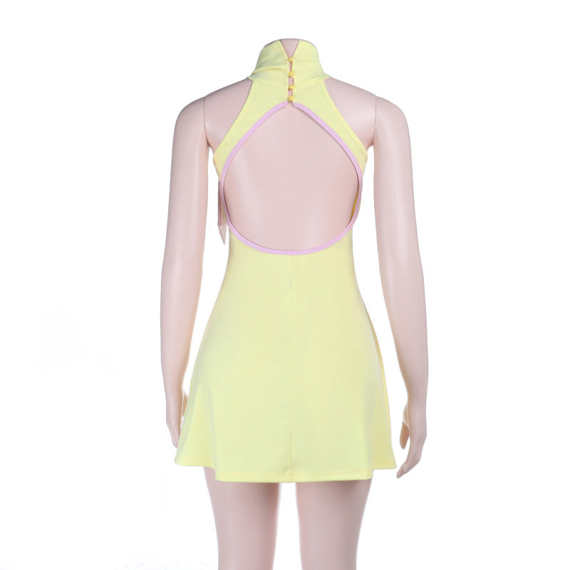 Bowknot self tie high neck backless mini dress  | Festival Outfits Women