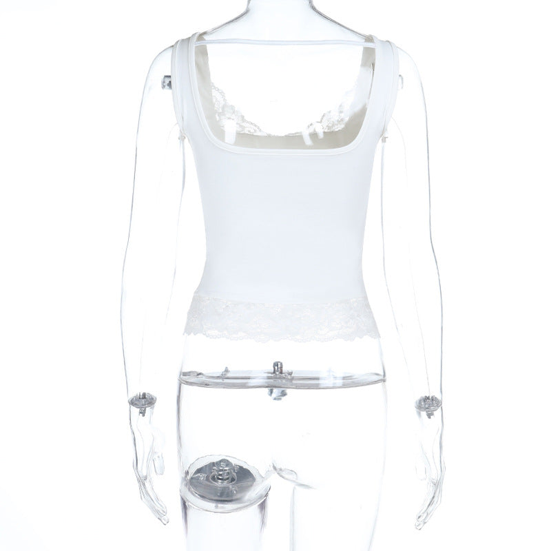 Lace hem v neck backless solid tank top  | Festival Outfits Women