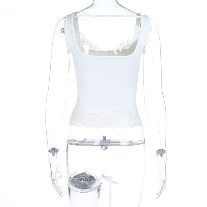 Lace hem v neck backless solid tank top  | Festival Outfits Women