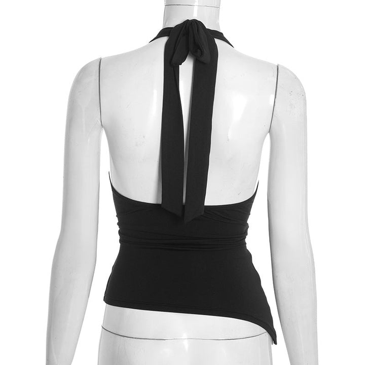 Irregular v neck self tie halter backless top  | Festival Outfits Women
