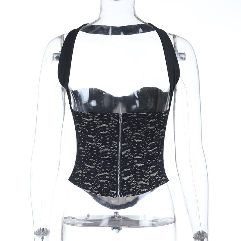 Halter lace zip-up corset backless top  | Festival Outfits Women