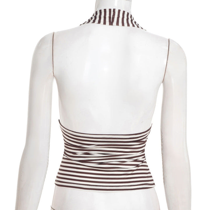 Halter self tie striped print backless v neck top  | Festival Outfits Women