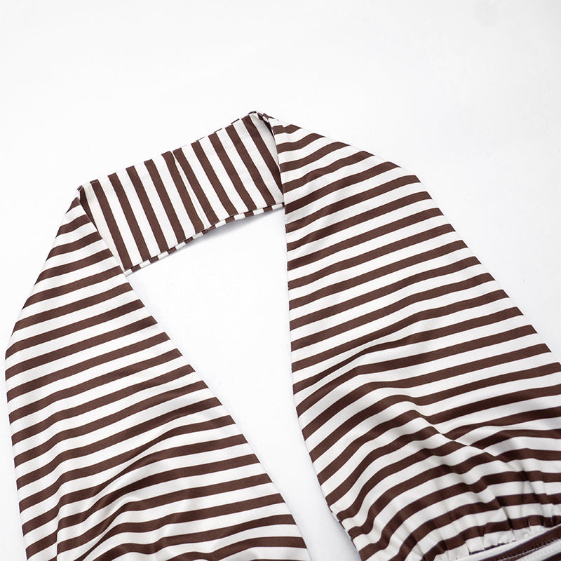 Halter self tie striped print backless v neck top  | Festival Outfits Women
