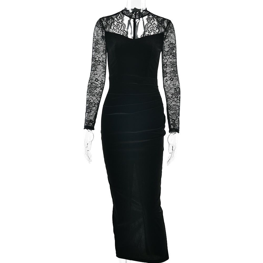 Lace long sleeve hollow out self tie slit midi dress  | Festival Outfits Women